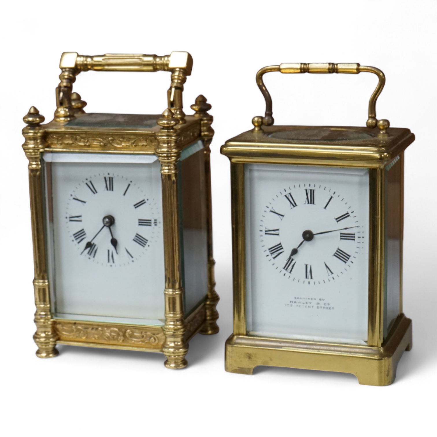 Two French brass carriage clocks, timepiece movements, tallest 12cm